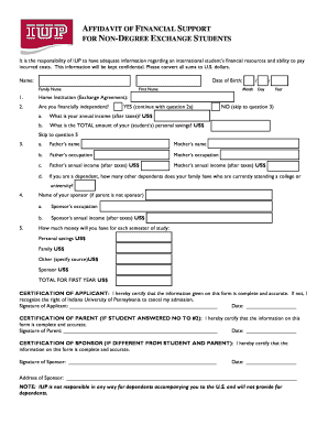 Affidavit of Financial Support for Non-Degree Exchange Students