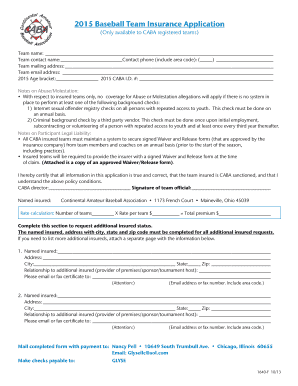 2015 CABA Baseball Team Insurance Application