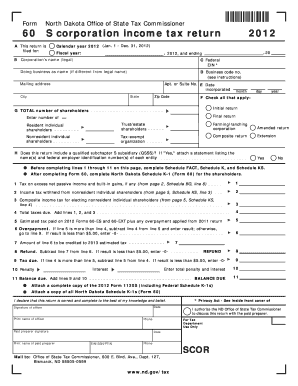 North Dakota S Corporation Income Tax Return 2012