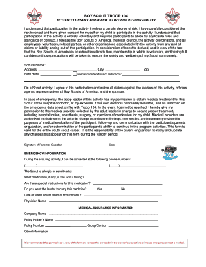 Boy Scouts Activity Consent Form and Waiver of Responsibility