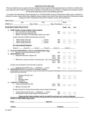 Massachusetts College Immunization Record