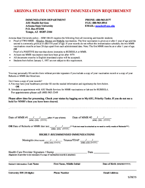 Arizona State University Immunization Form