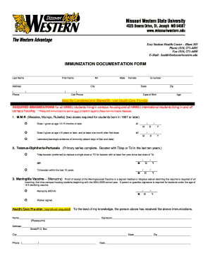 Missouri Western State University Immunization Form