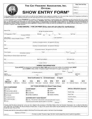 Cat Fanciers' Association Show Entry Form