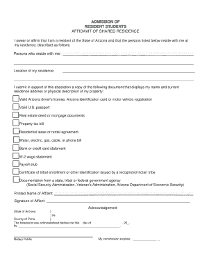 Arizona Resident Student Shared Residence Affidavit