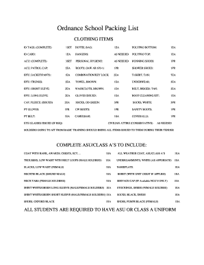 Ordnance School Packing List