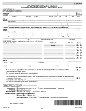 Maryland Dental/Vision Insurance Application