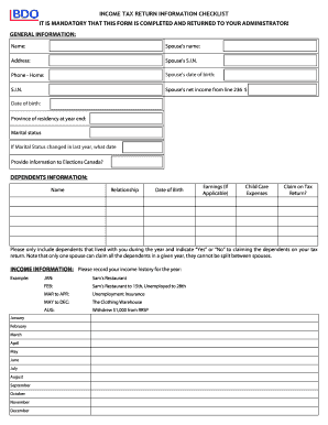 Canada Income Tax Return Information Checklist