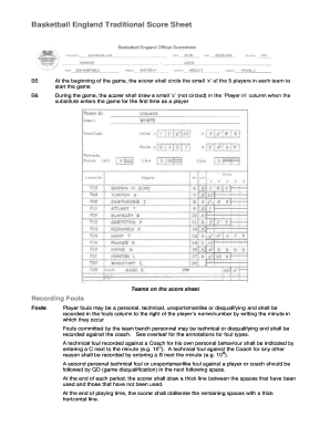 Basketball England Traditional Score Sheet