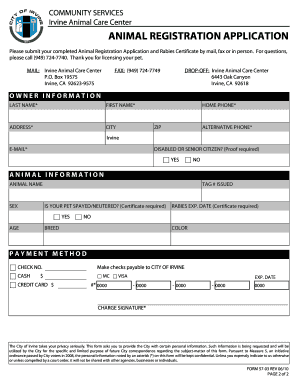 Irvine Animal Registration Application