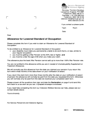 Allowance for Lowered Standard of Occupation Claim Form