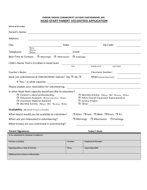 Head Start Parent Volunteer Application