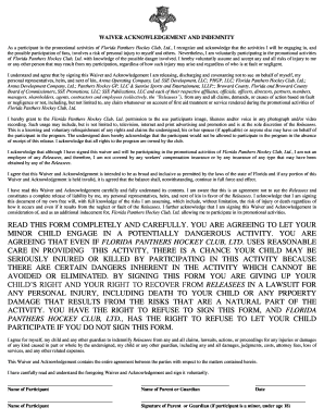 Florida Panthers Waiver Acknowledgement and Indemnity