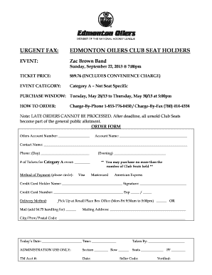 Edmonton Oilers Club Seat Holders Event Order Form