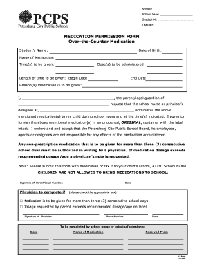 Petersburg City Public Schools Medication Permission Form
