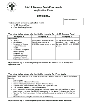 16-19 Bursary Fund and Free Meals Application Form