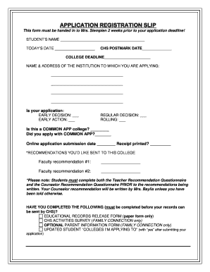 College Application Registration Slip