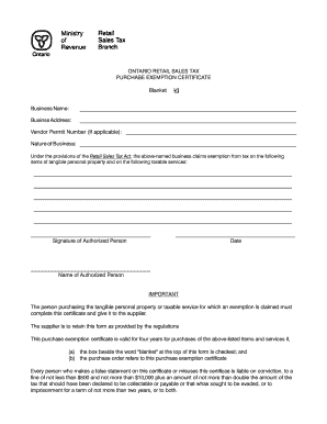Ontario Retail Sales Tax Exemption Certificate