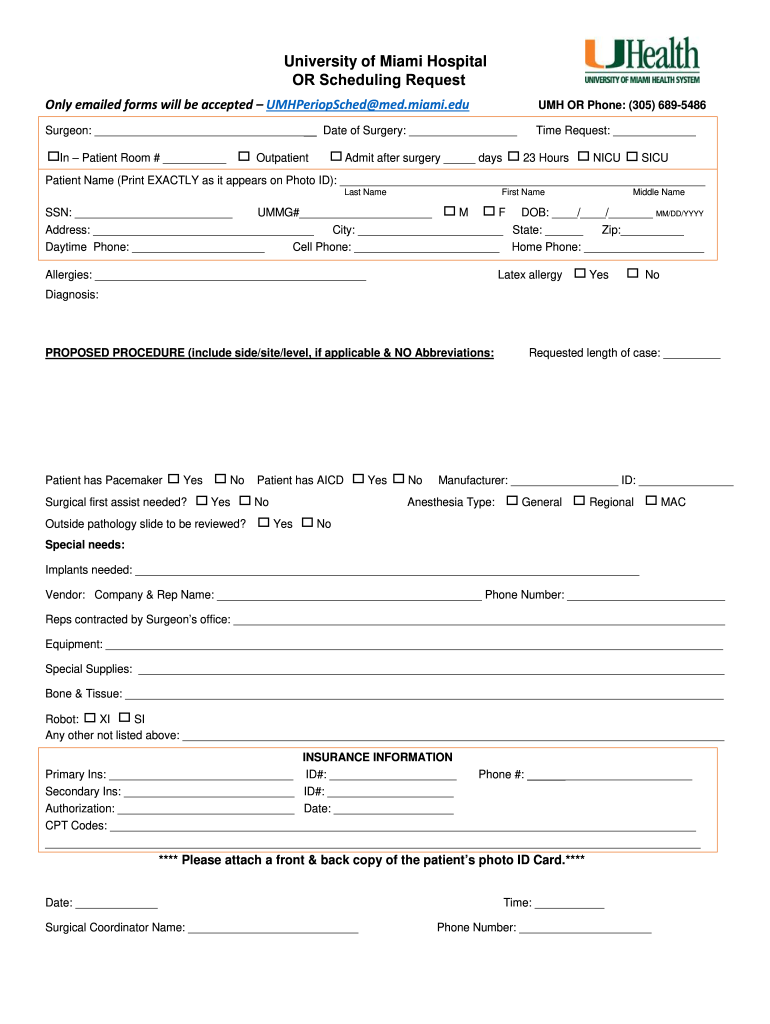 University of Miami Hospital OR Scheduling Request Preview on Page 1