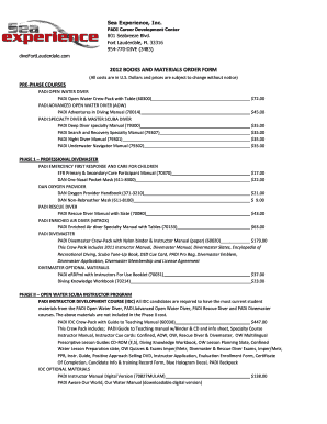 PADI Diving Course Materials Order Form