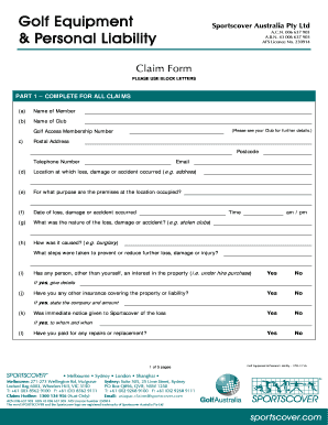Golf Equipment and Personal Liability Claim Form