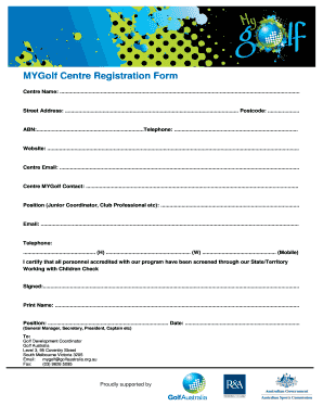 MYGolf Centre Registration Form