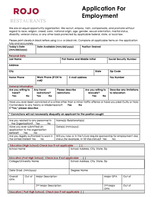 Restaurant Employment Application Form