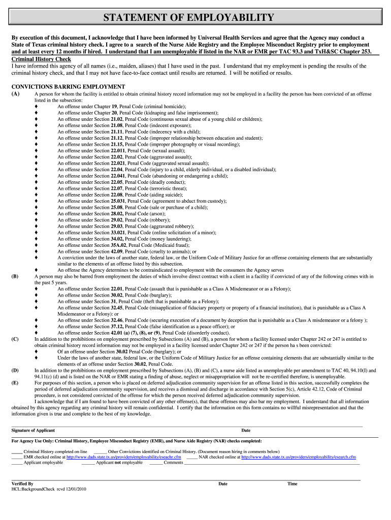 STATEMENT OF EMPLOYABILITY - Universal Health - universalhealthresources Preview on Page 1