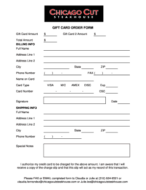 Fillable Online Gift Card Order Form Chicagocutsteakhousecom Fax Email Print Pdffiller