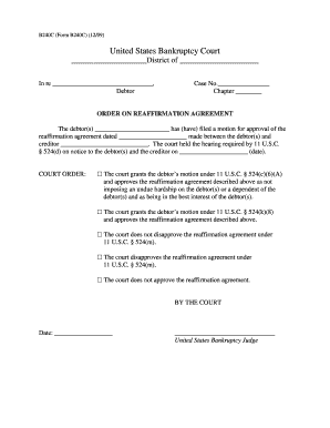 US Bankruptcy Court Reaffirmation Agreement Order