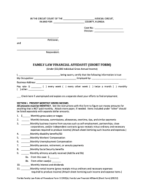 Florida Family Law Financial Affidavit Short Form