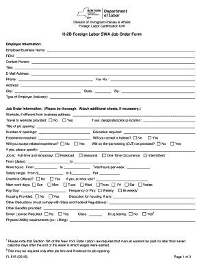 Job order form template - H-2B Foreign Labor SWA Job Order bFormb - New York State bb - labor ny