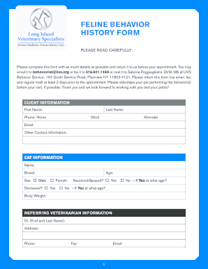 Feline Behavior History Form