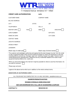 Credit Card Authorization for Equipment Rental