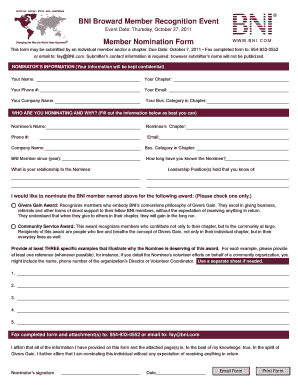 BNI Member Recognition Nomination Form