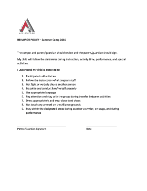 Summer Camp Behavior Policy Agreement