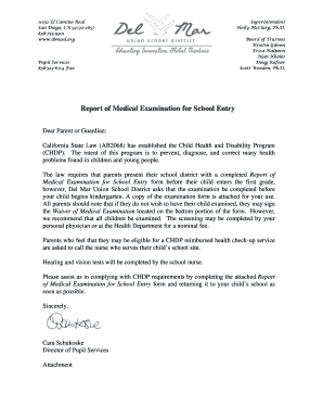 California School Entry Health Checkup Form
