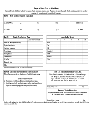 California School Entry Health Exam Report