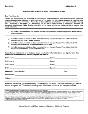 Addendum A - School Meals Application