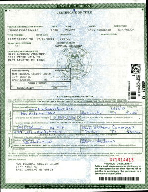 Michigan Certificate of Title for Vehicle