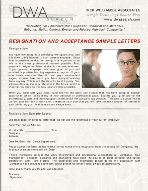 Bresignationb and acceptance sample letters - DWA Search