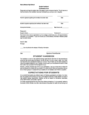 West Jefferson High School Student Handbook Confirmation Form