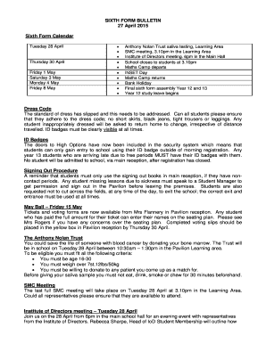 SIXTH FORM BULLETIN 27 April 2015 Sixth Form Calendar