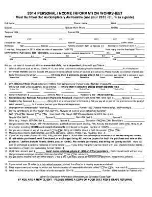 2014 Personal Income Information Worksheet