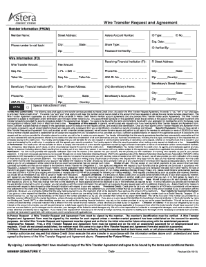 Astera Credit Union Wire Transfer Request and Agreement