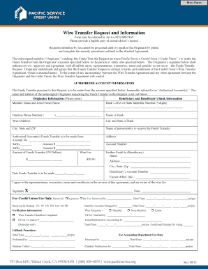 Pacific Service Credit Union Wire Transfer Request Form