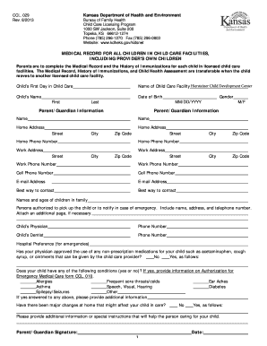 Kansas Child Care Medical Record Form