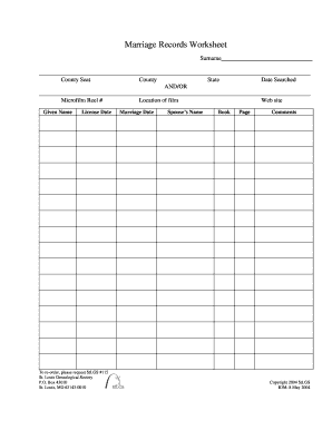 Marriage Records Worksheet