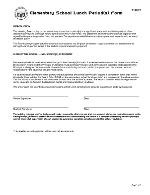 Elementary School Lunch Period Policy Form