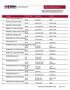 Enform Certificate Holders List Regular Certificate of